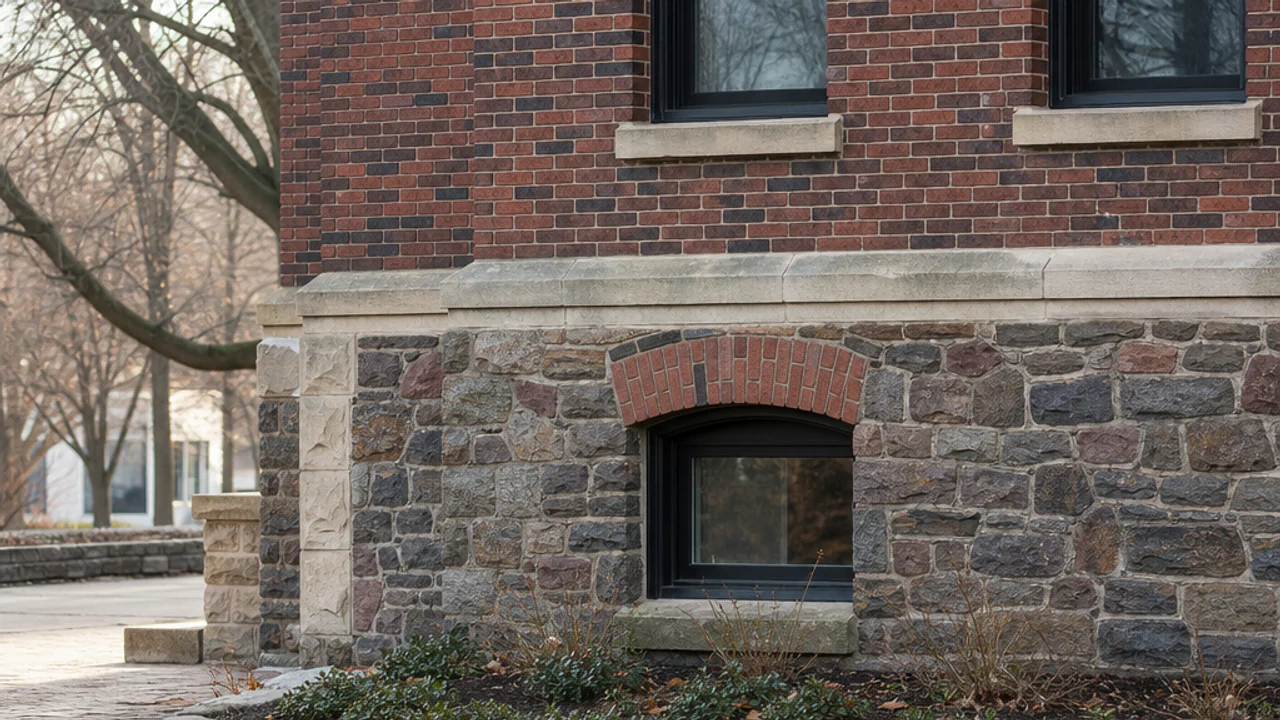 Weathered red brick above a restored fieldstone foundation and brick segmental basement opening