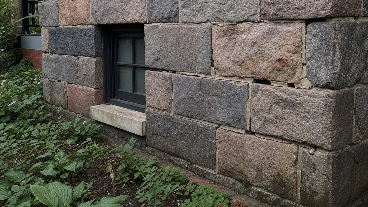 Open and deteriorated mortar joints in a flat-faced stone foundation beneath an older brick home