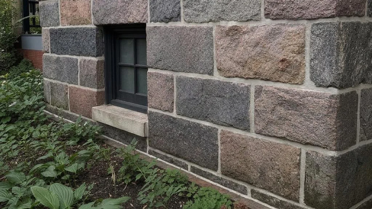 Cleaned flat-faced stone foundation with compatible light-gray repointed joints beneath an older brick home