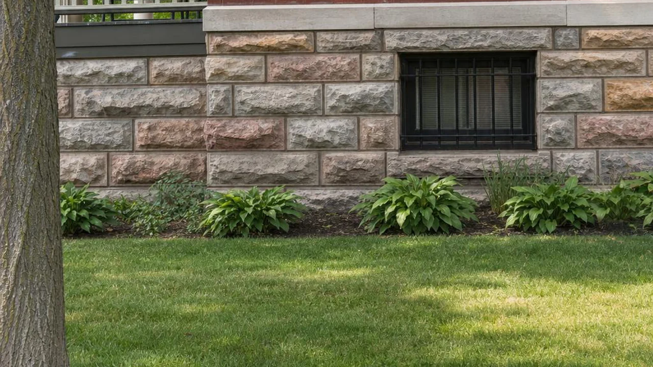 Restored rock-faced stone foundation with chiseled block faces beneath a historic brick home with a porch