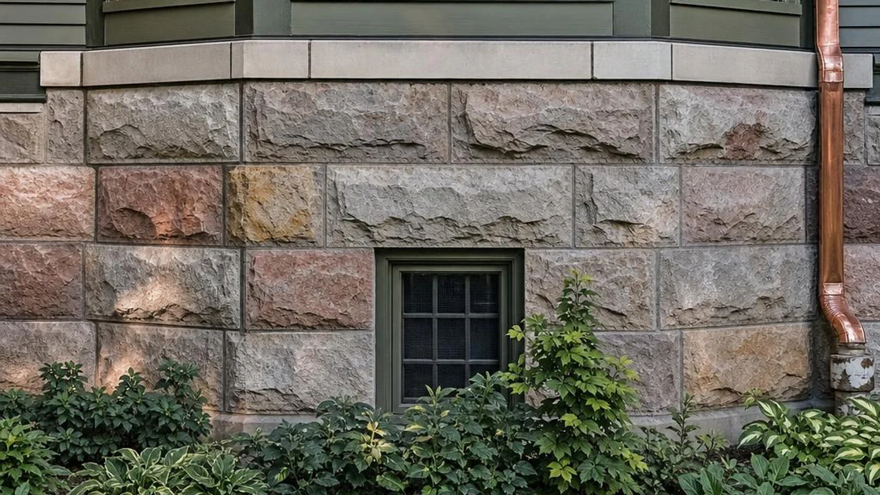 Restored rock-faced stone masonry with chiseled block faces beneath a projecting bay on a Heritage Hill-style home