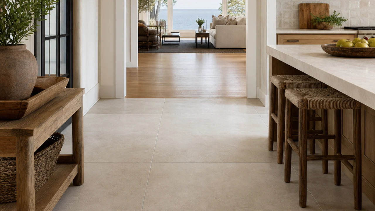 Porcelain tile floor leading into a kitchen with a ceramic tile backsplash