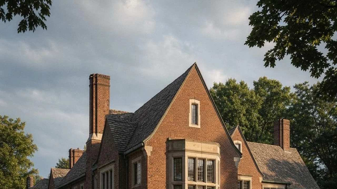 Older red brick residence with a stone foundation and painted wood porch