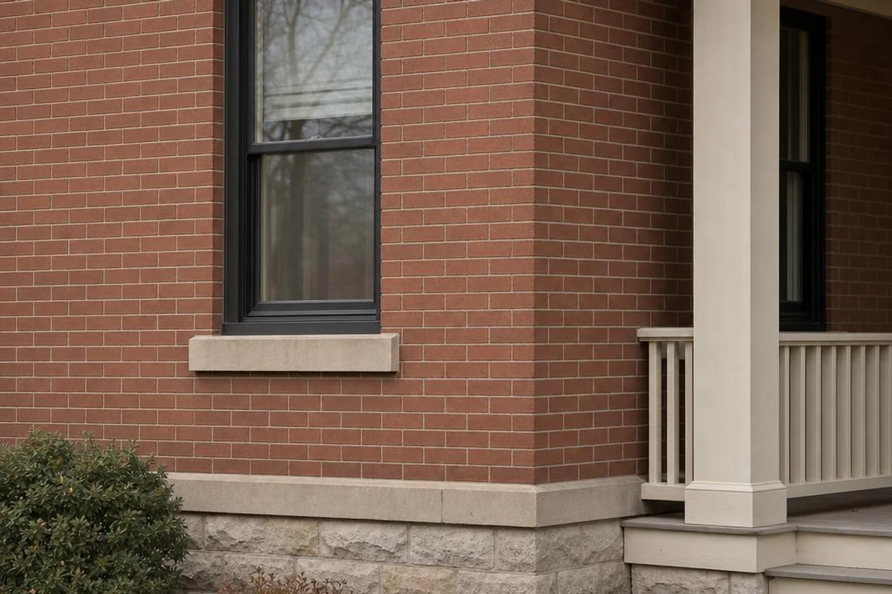 Red brick wall meeting a limestone course, stone foundation, and painted porch details