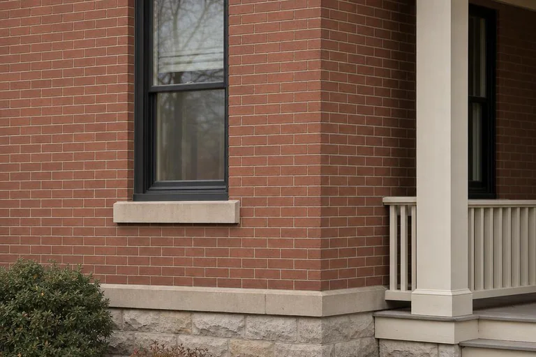 Corner of an older red brick residence with light mortar, a limestone belt course, rough-cut stone foundation, and painted wood porch