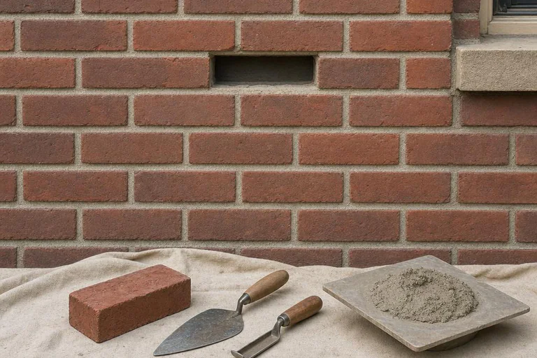 Small brick removal opening in a residential wall with matching clay bricks, mortar, a pointing trowel, jointer, and masonry hammer staged on a drop cloth