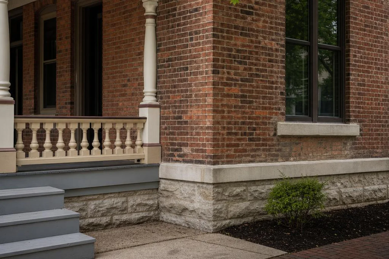 Older brick and stone residence retaining varied materials and historic character