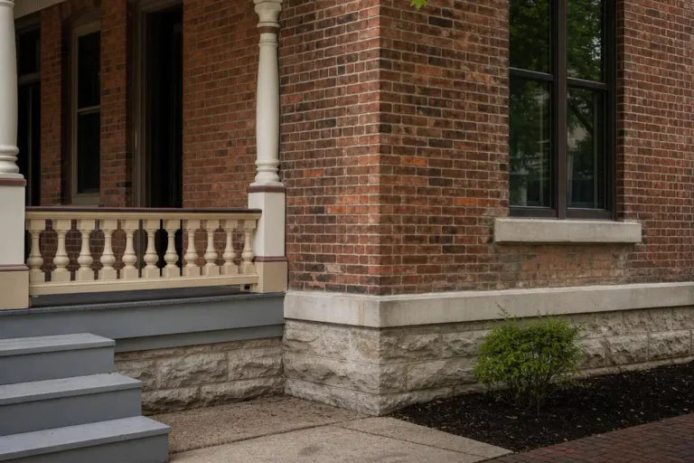 Historic brick porch corner with varied clay brick, light mortar, limestone trim, and a stone foundation
