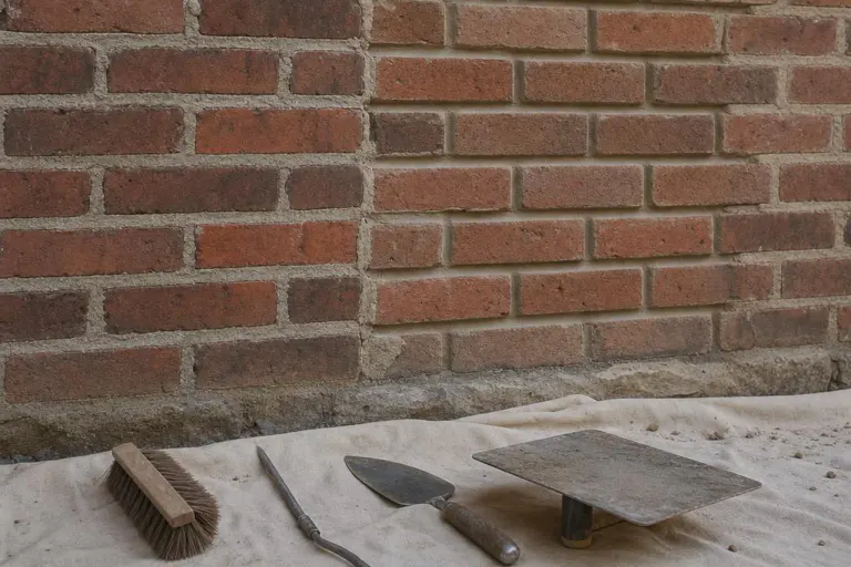 Historic brick wall prepared for repointing with masonry hand tools resting on a canvas drop cloth