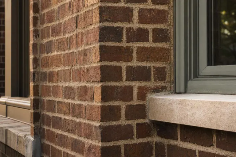 Conserved historic brickwork with matched light mortar, limestone trim, and natural color variation
