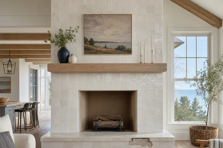 Dated fireplace surround with vertical cracks flanking the firebox opening and a split hearth slab