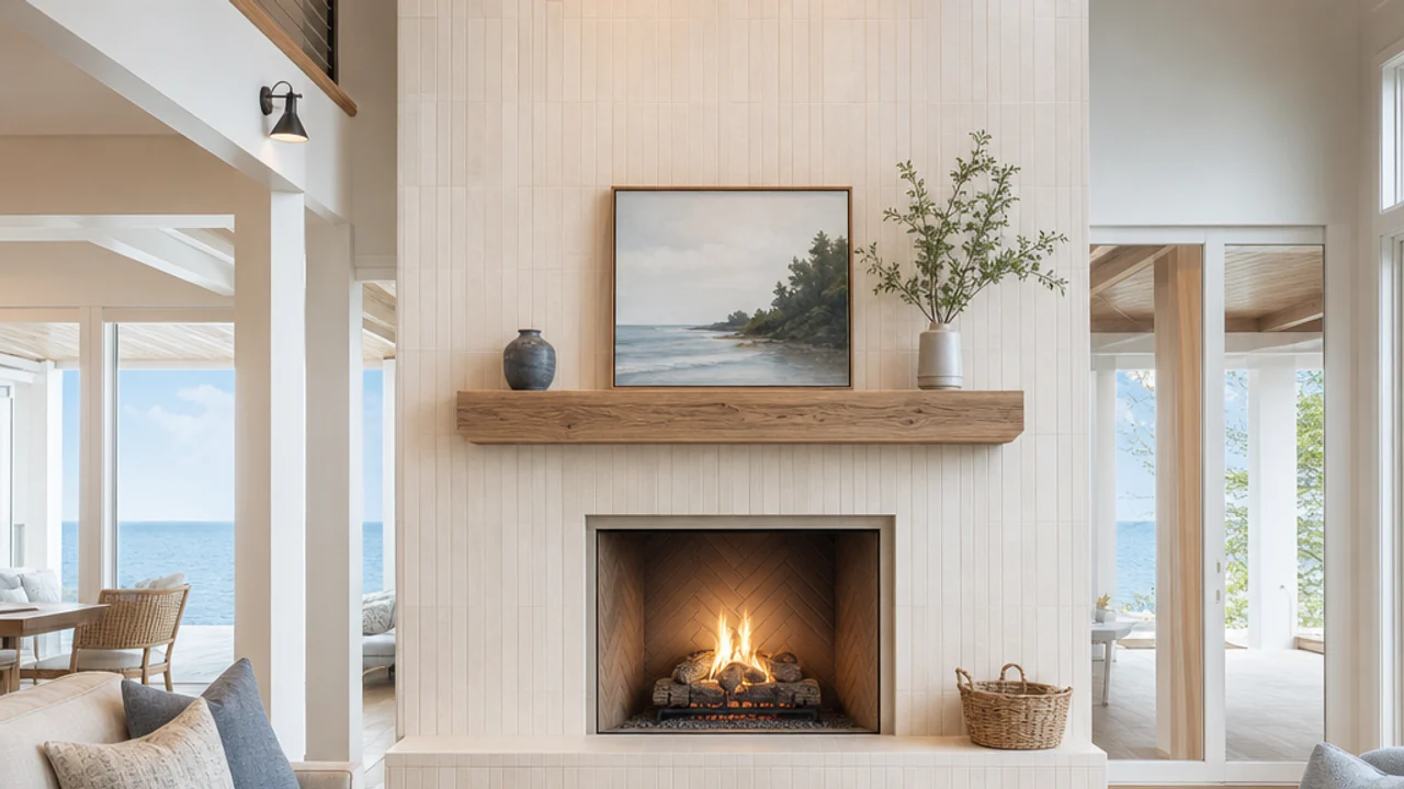 Tiled fireplace surround and hearth centered on a firebox opening in a living room wall