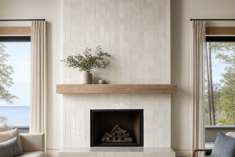 Older brick fireplace face and masonry firebox beneath a painted wood mantel