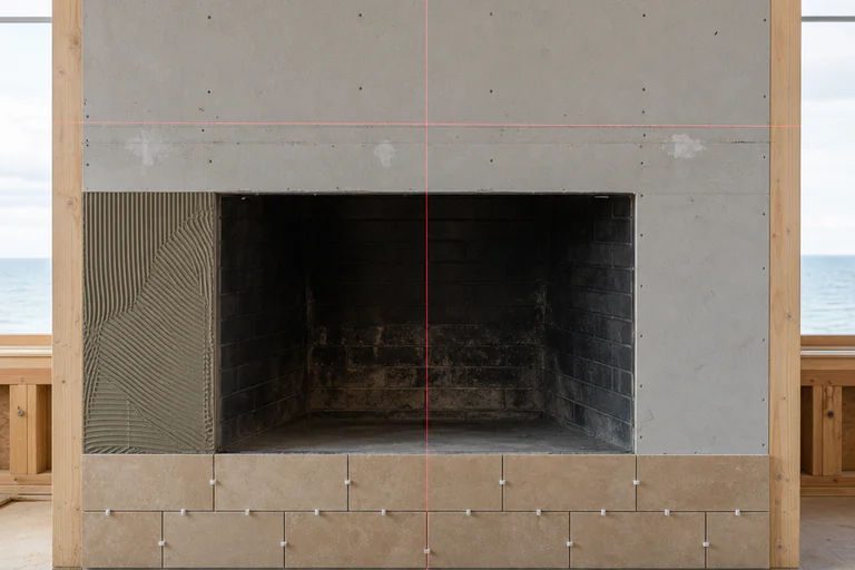Fireplace surround installation with prepared substrate, layout lines, set tile, spacers, level, and trowels