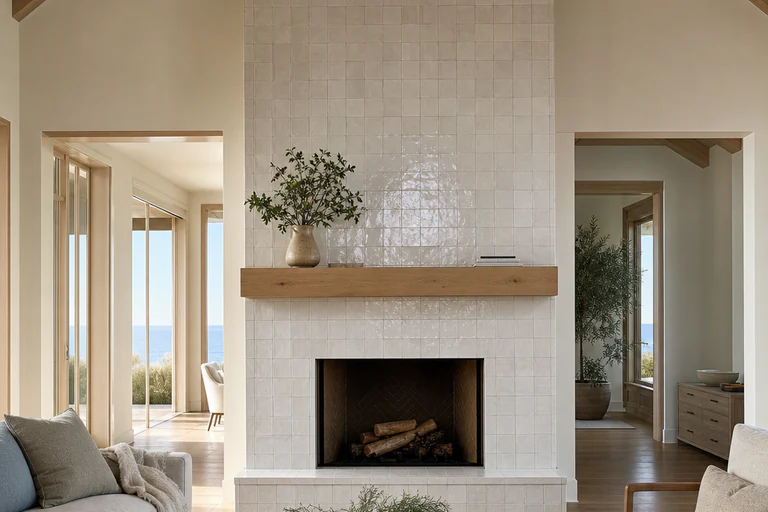 Completed tile fireplace surround and hearth with balanced cuts flanking the firebox opening
