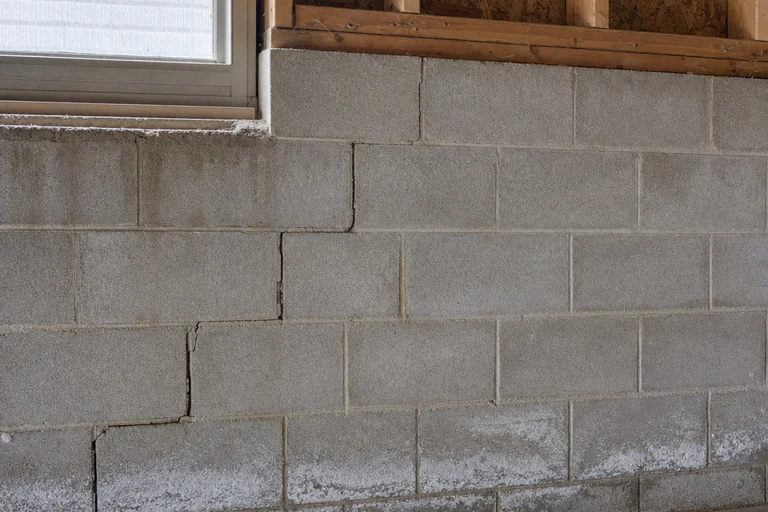 Concrete block foundation with a localized stair-step crack and light efflorescence along lower courses