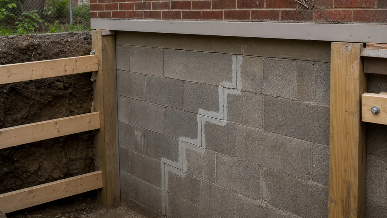 Localized stair-step repair in a concrete block foundation below an older brick wall