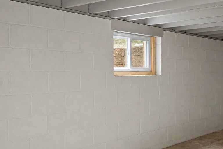 Straight painted concrete block foundation wall supporting floor framing beside a small basement window