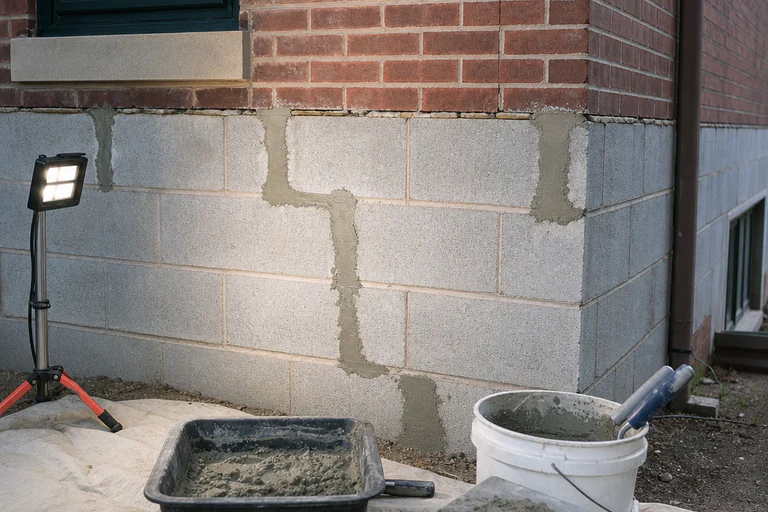 Concrete block crack repair stage with cleaned joints, fresh mortar, work light, mortar pan, bucket, and hand tools