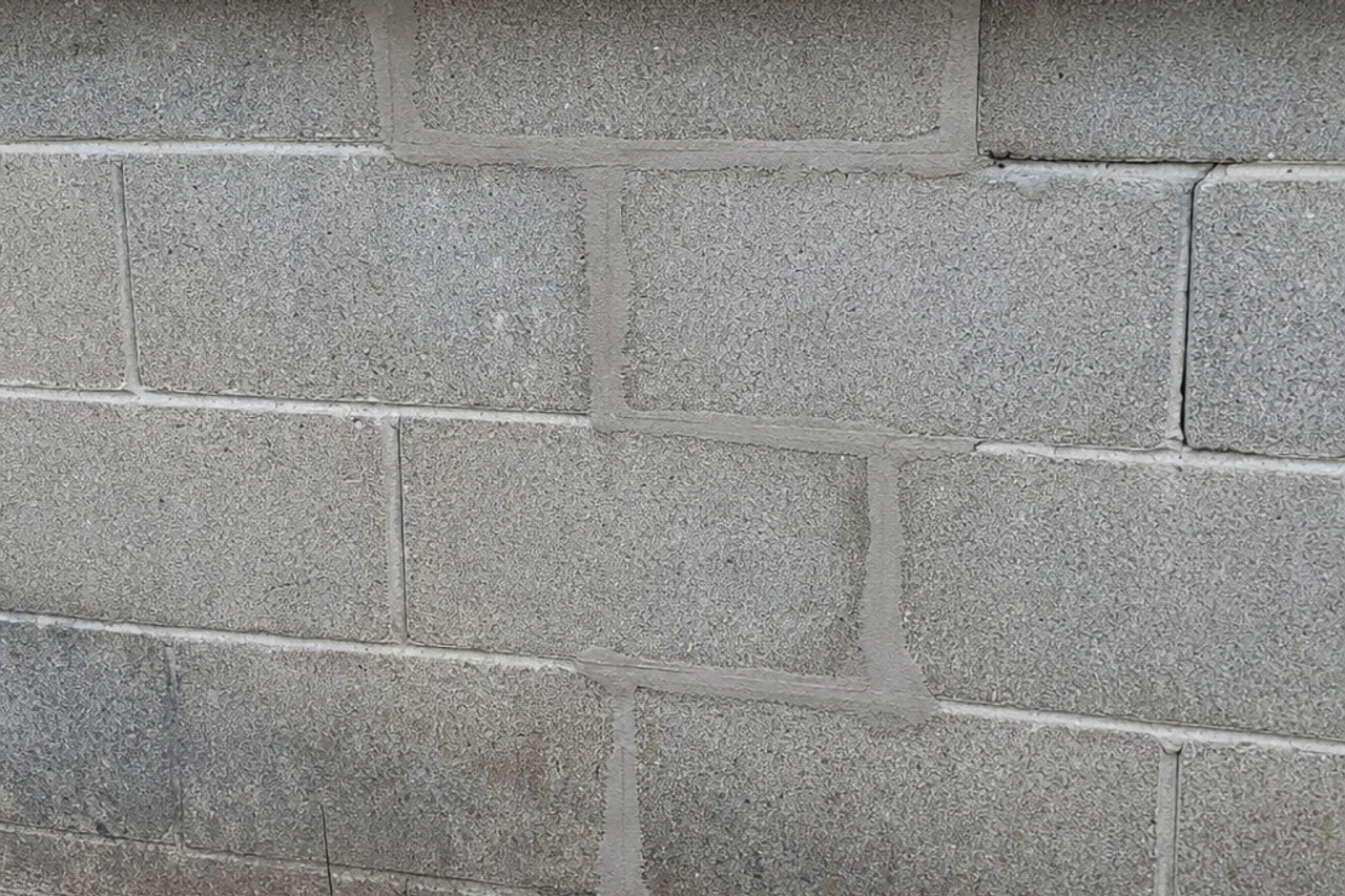 Concrete block wall with a localized matched-mortar repair and coherent bed and head joints