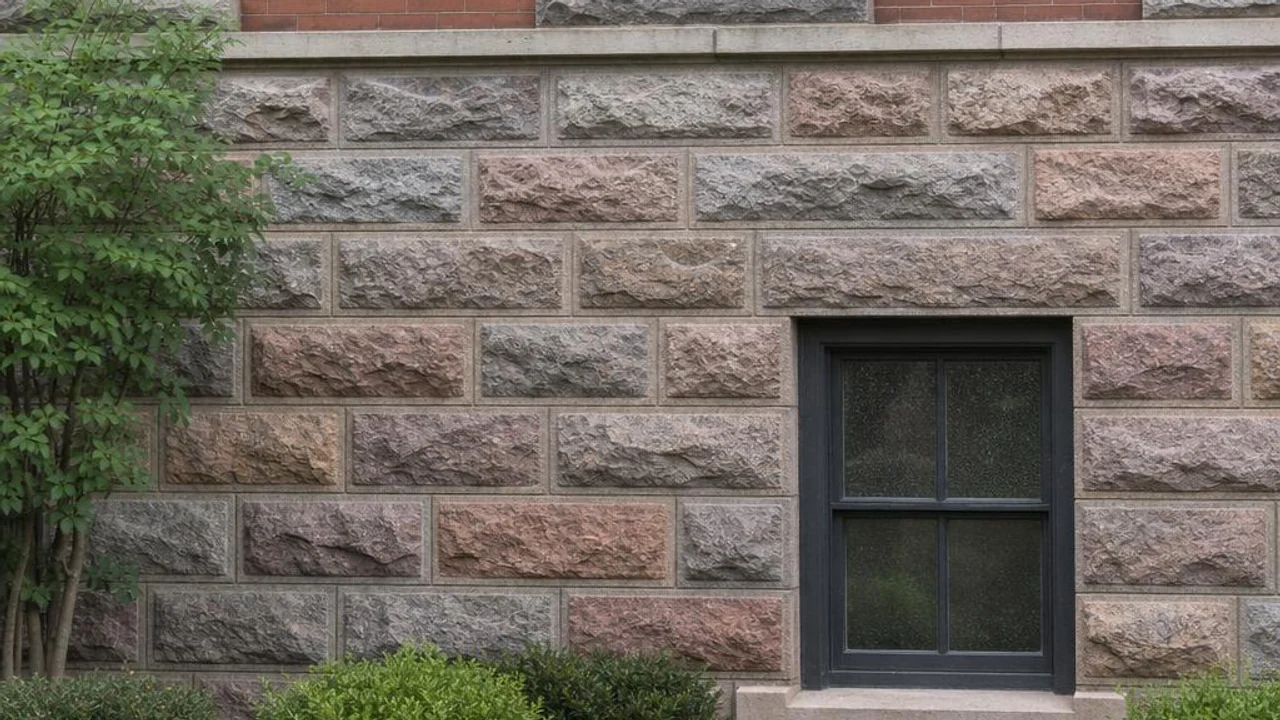 Older red brick residence above a rock-faced ashlar stone foundation with chiseled block faces
