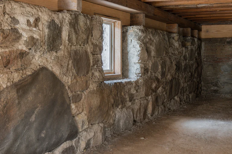 Historic fieldstone basement wall supporting timber framing around a small window opening