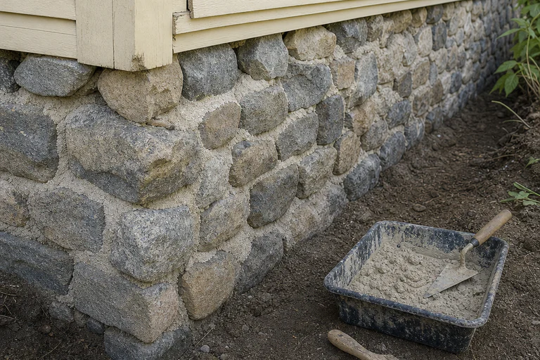Fieldstone foundation restoration stage with reset stones, cleaned joints, compatible mortar, pan, trowel, and brush