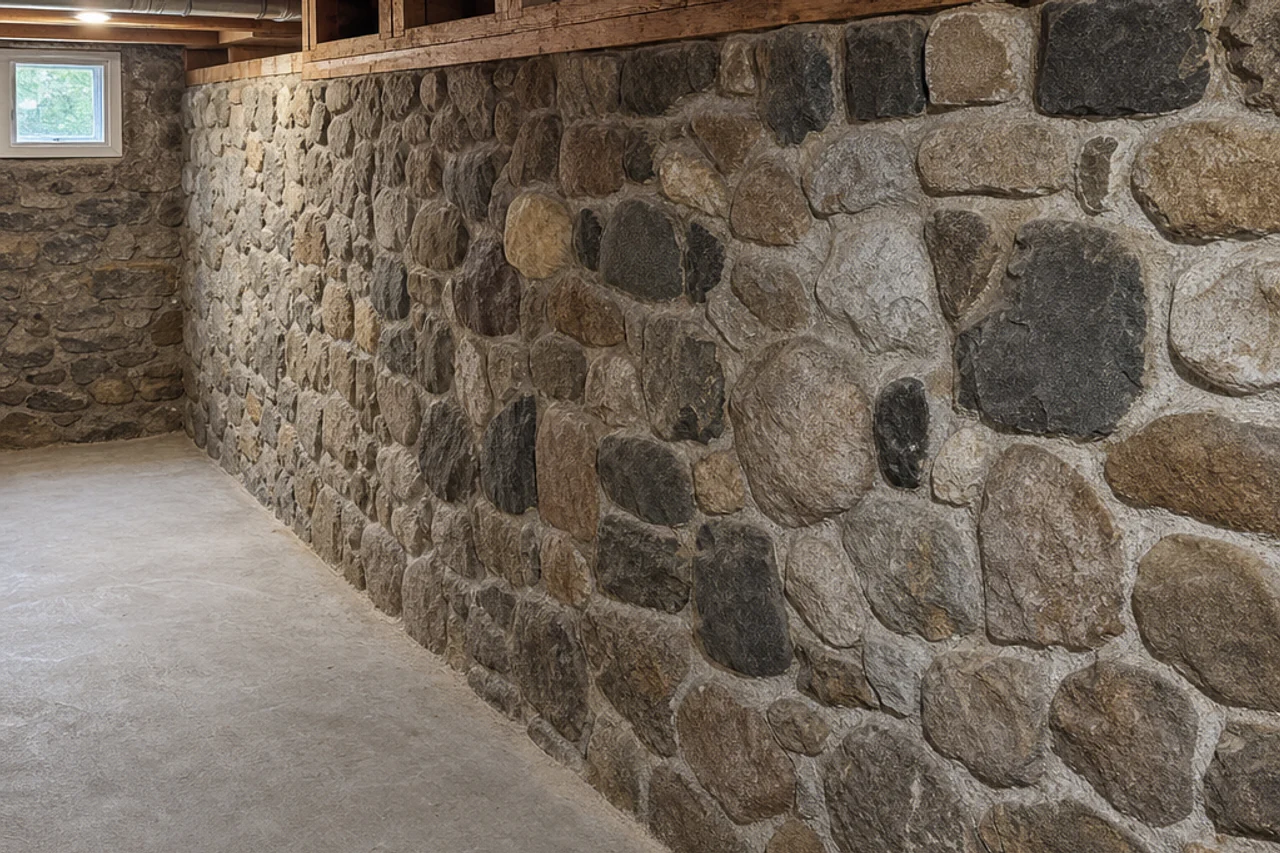 Preserved fieldstone basement wall with full compatible joints below continuous timber bearing