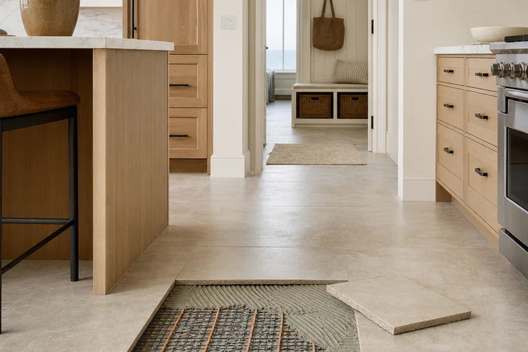 Heated tile floor with a cracked grout joint running through several courses and a hollow-sounding tile