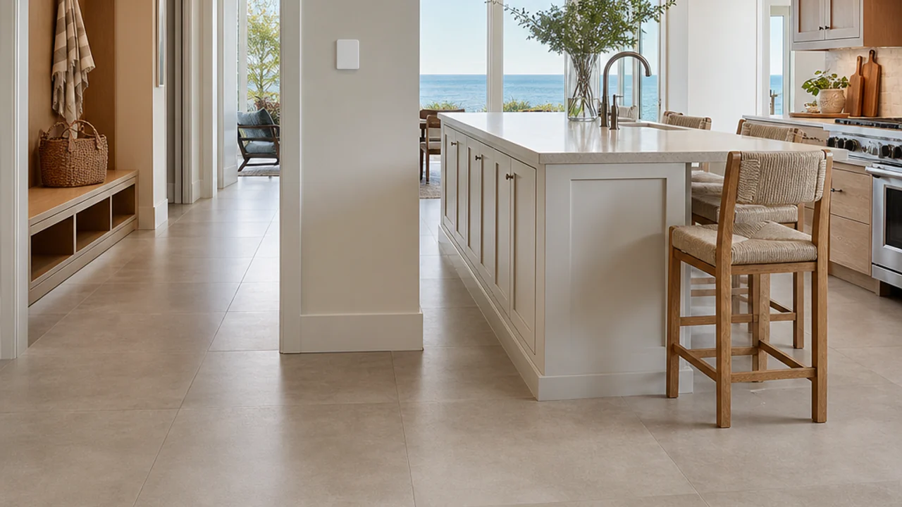 Large-format porcelain tile floor in a kitchen and adjoining mudroom with a slim thermostat plate on the wall