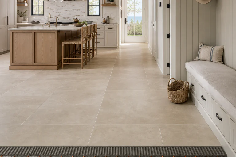 Porcelain floor tile meeting painted baseboard and a wood door casing with a concealed perimeter gap