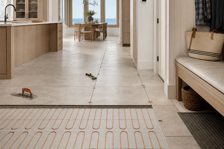 Heated floor installation with uncoupling membrane, electric heating cable, thinset, reference lines, level, and trowels