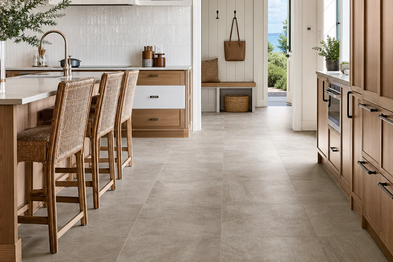 Completed porcelain floor over in-floor heat with a flat plane and consistent narrow grout joints