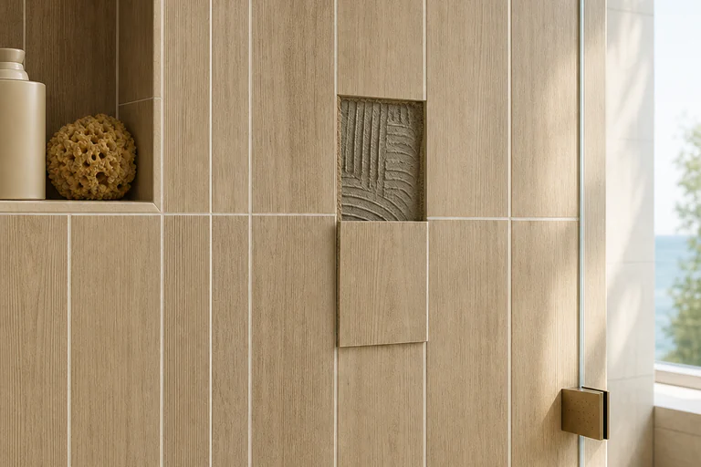 Shower corner with crumbling washed-out grout, mineral staining down the joint, and a parted joint at the base