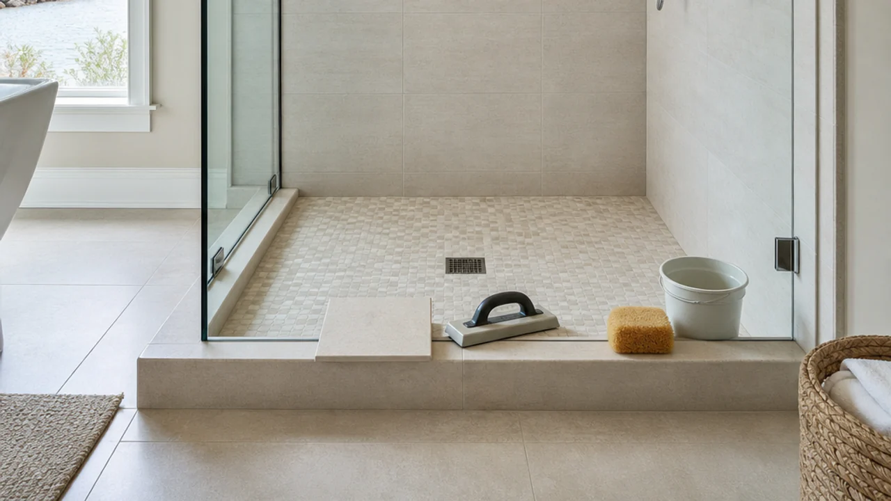 Tile shower enclosure with a matching replacement tile, grout float, sponge, and water bucket staged on the curb