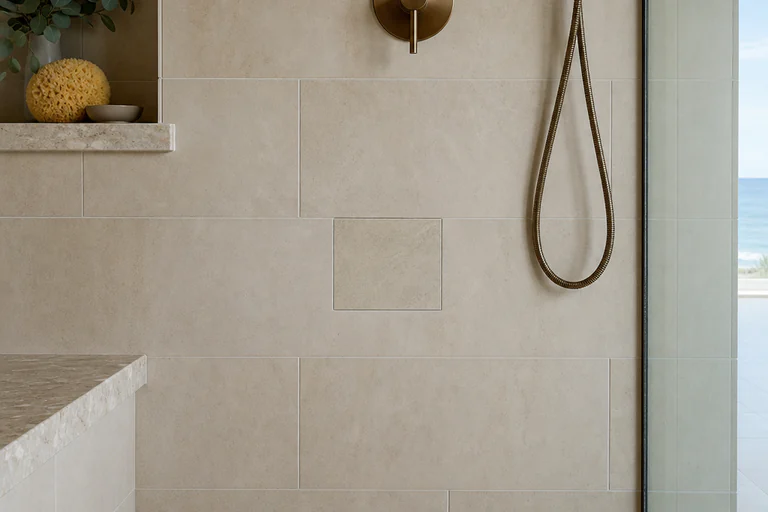 Shower wall meeting the shower floor at a change of plane carrying a soft joint rather than rigid grout