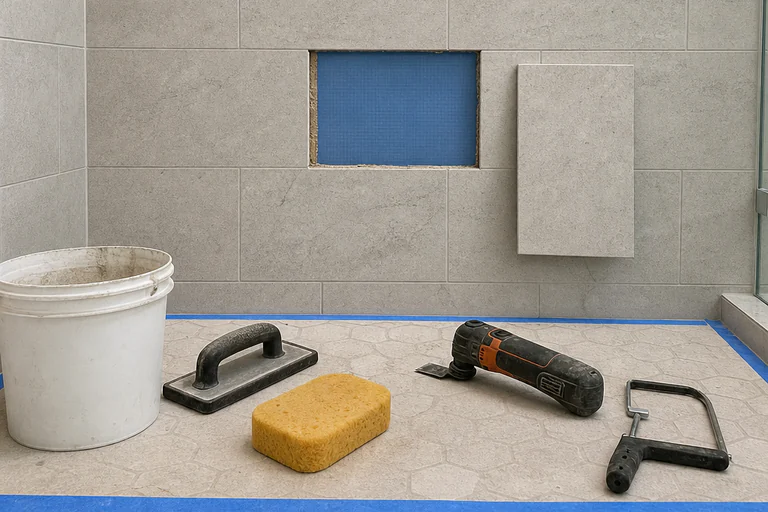 Shower repair stage with a replacement tile set in the wall field and a grout float, sponge, oscillating tool, grout saw, and bucket staged below