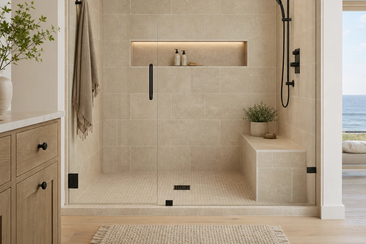 Repaired shower wall with uniform grout joints, clean tile faces, and a soft joint at the inside corner and floor line