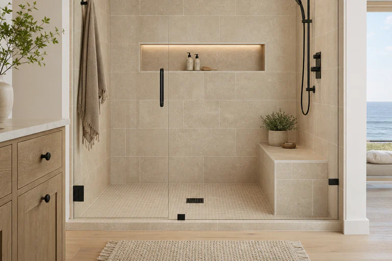 Repaired shower wall with uniform grout joints, clean tile faces, and a soft joint at the inside corner and floor line