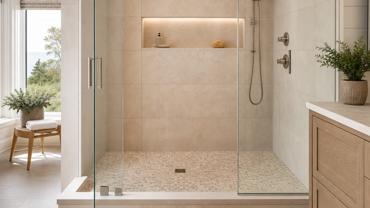 Finished tile shower enclosure with porcelain wall tile, a mosaic sloped floor, a recessed niche, and a glass panel