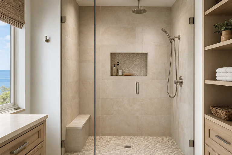 Dated alcove bathtub and small-tile tub surround in an older bathroom