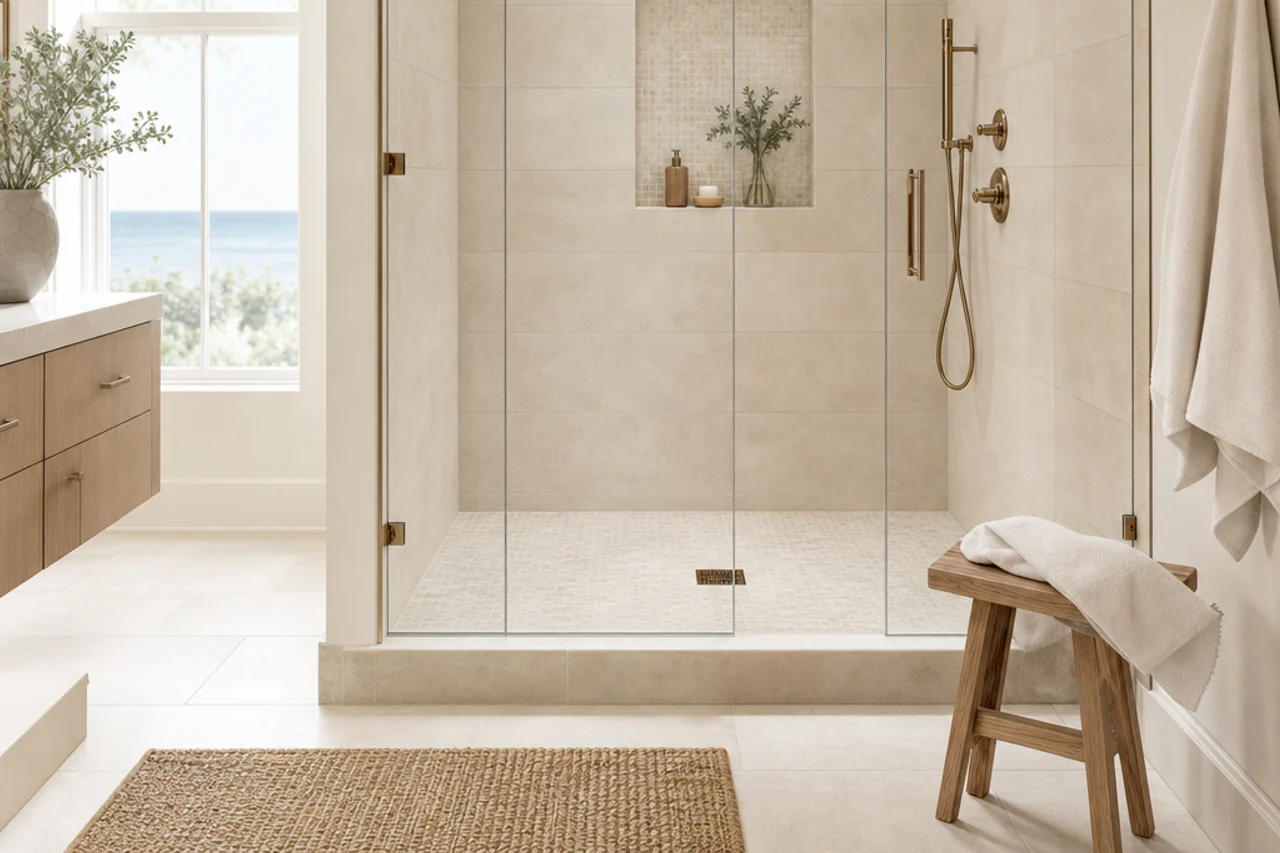 Completed shower enclosure with plumb wall tile, matched cuts flanking a niche, and a mosaic floor draining evenly
