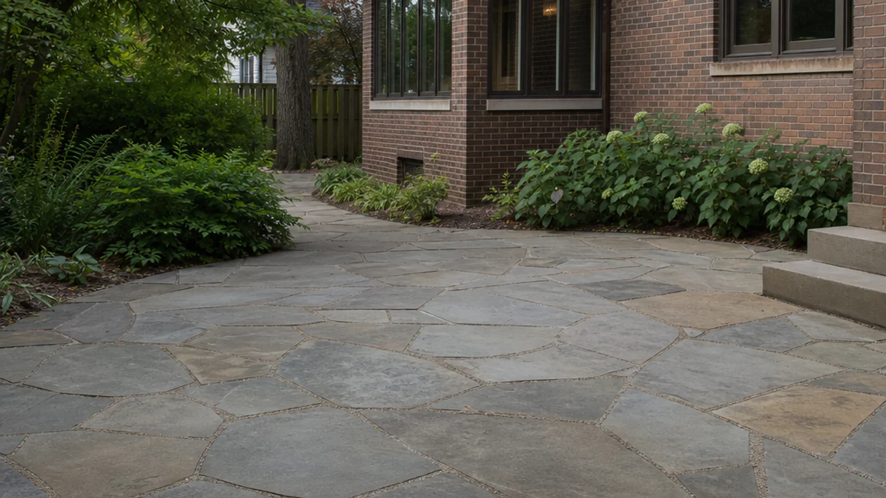 Natural flagstone patio beside an older brick home and mature garden