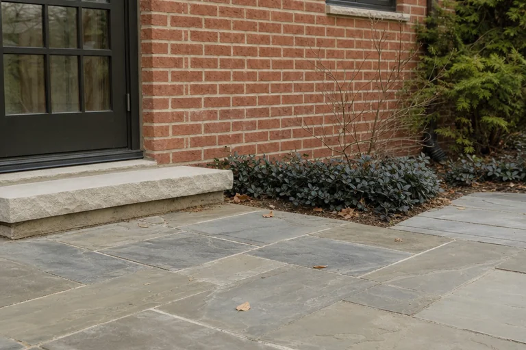 Natural stone paving meeting a limestone step at an older running-bond brick wall