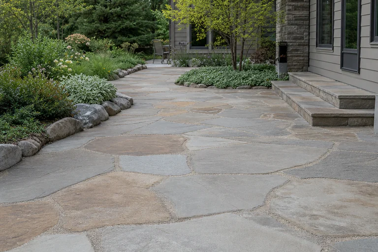 Stable natural flagstone patio with consistent swept joints and a gentle drainage slope through a garden