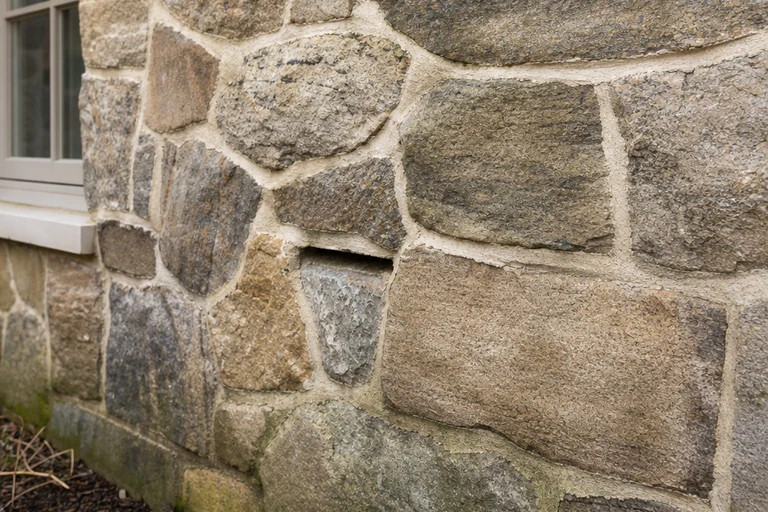Historic fieldstone wall with recessed mortar, one open bed joint, and restrained staining near grade