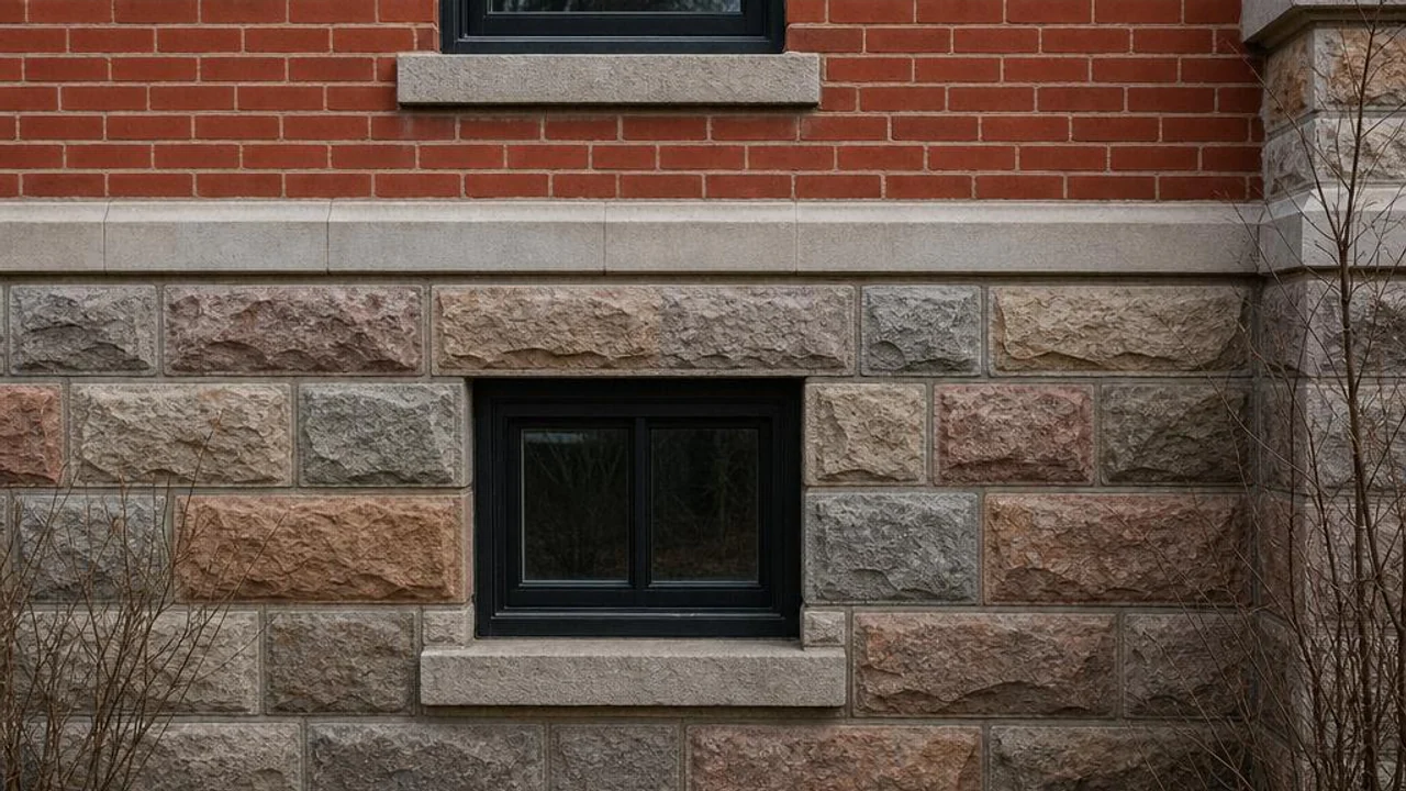 Rock-faced stone foundation with repointed mortar joints beneath a historic brick home