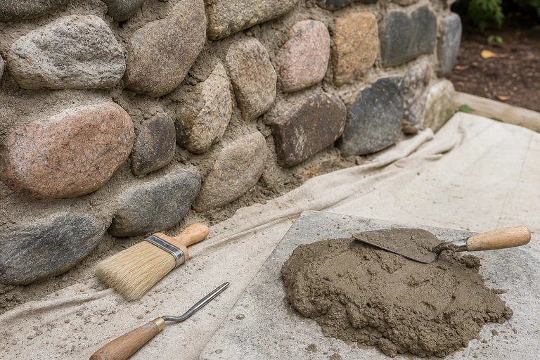 Fieldstone repointing stage with cleaned joints, retained stones, lime-colored mortar, pointing tools, and soft brush