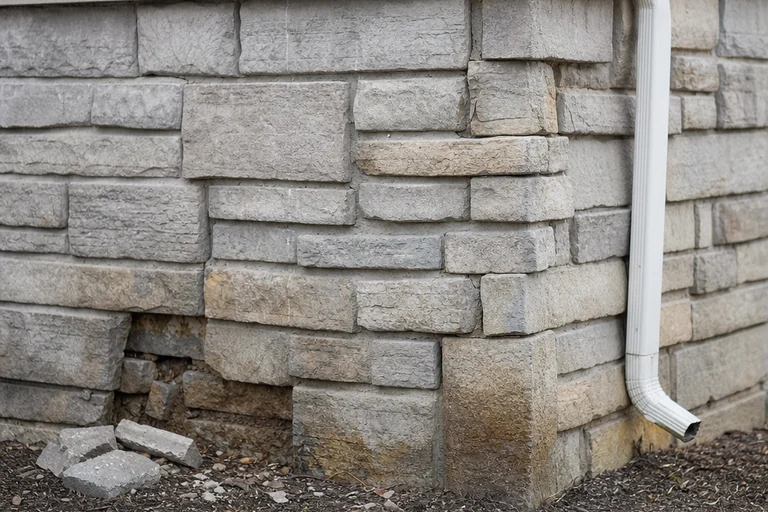 Natural stone veneer corner with localized loose units, open joints, and staining near grade