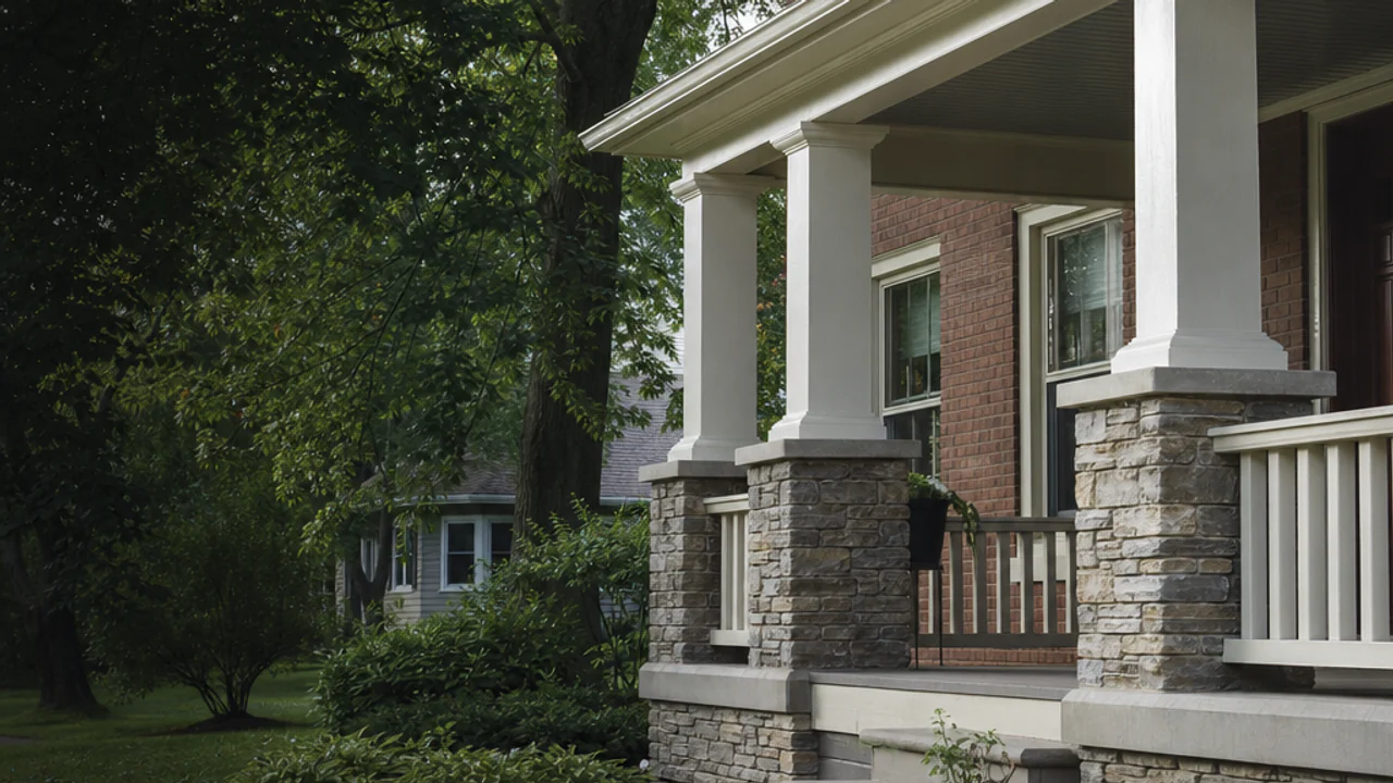 Older brick residence with natural thin-stone veneer wrapping the foundation and porch piers